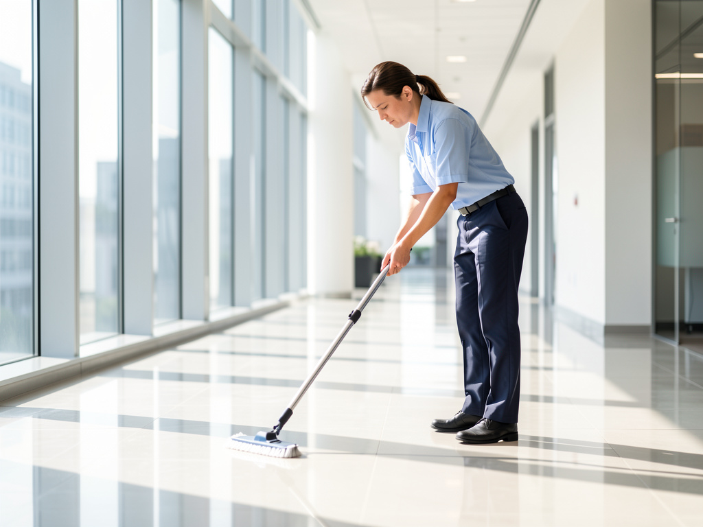 Professionelle Gebäudereinigung in einem hellen, modernen Büroflur.