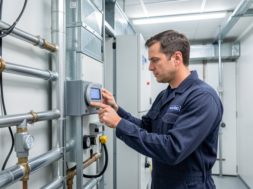 Ein Techniker bei der fachgerechten Wartung und Inspektion der Haustechnik.